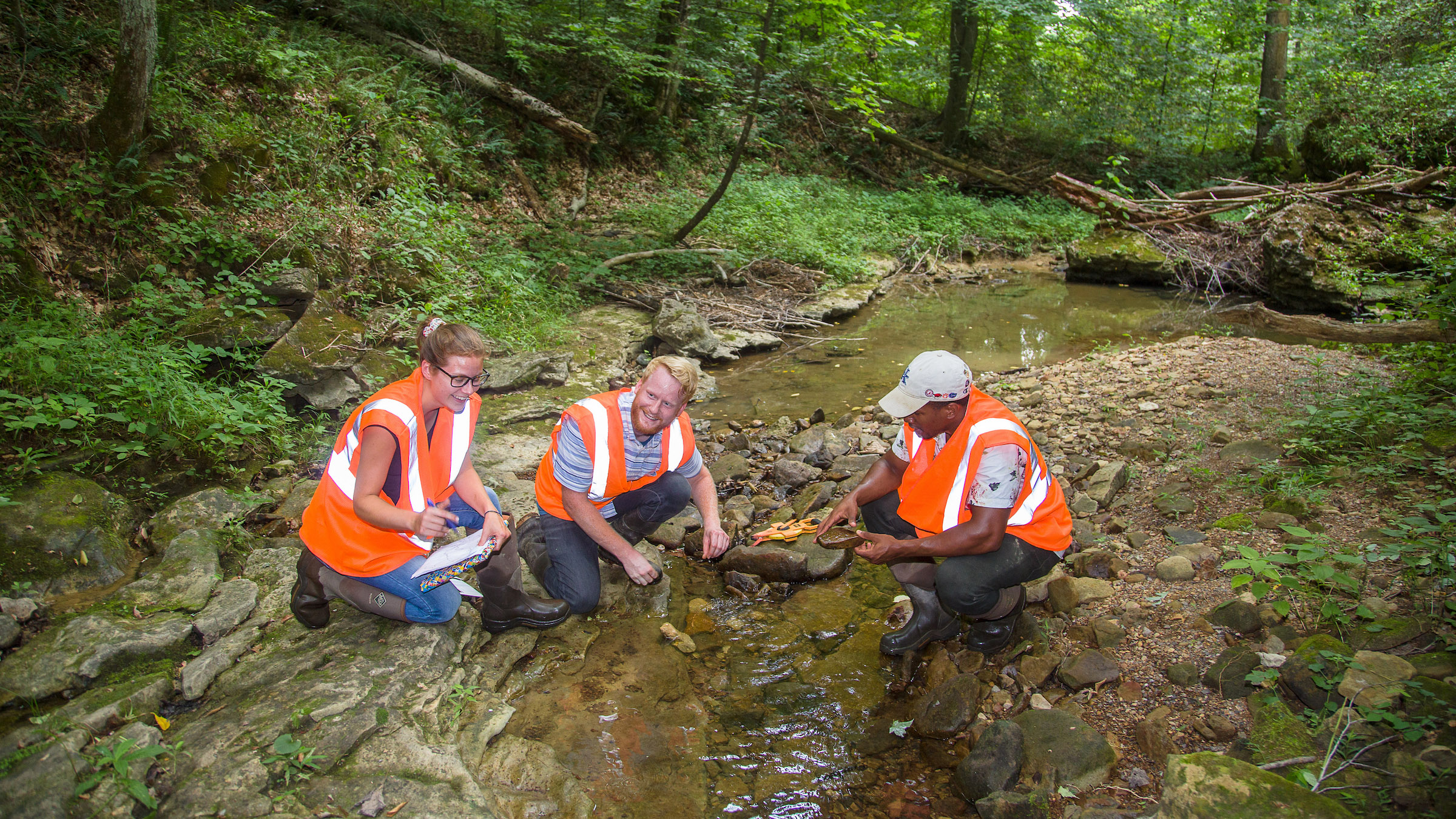 Students take water samples with Biosystems and Ag Engineering professor Carmen Agouridis.